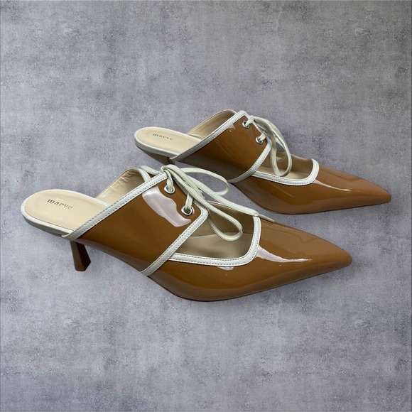 Maeve Shoes - Anthropologie Maeve Contrast Lace Up Kitten Heel Mules Glossy Brown Womens 9